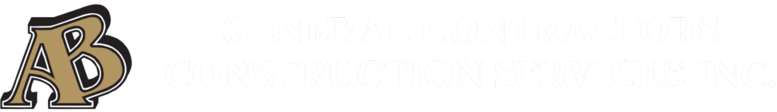 Genbbberal Logo featuring stylized gold "AB" beside the text "GENERAL CONTRACTORS CONSTRUCTION SERVICES INC." in white capital letters on a black background.